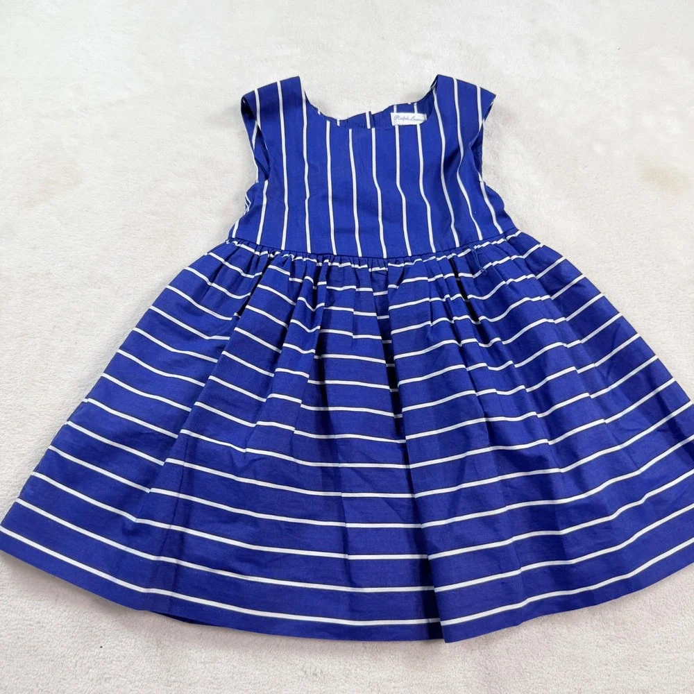Ralph Lauren Girls Blue White‎ Striped Sleeveless Cotton Dress 24M  Button Back